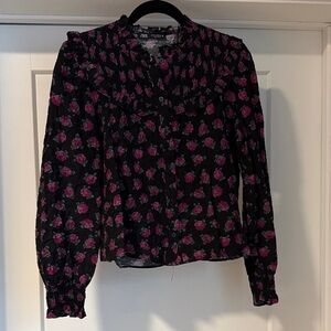 Zara Black and Pink Floral Blouse